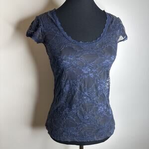 Y2k Down East Basics Womens S Navy Blue Stretchy Sheer Floral Lace T Shirt Top